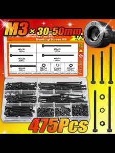 475Pcs 12.9 Grade Allen Socket Head Cap Screws Kit M3 Fully Threaded Long Bolts 30-50mm Alloy Steel Metric Fasteners with Nuts