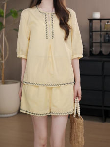 Shalldoer | Retro Artistic Quality Womens Summer Design Embroidered Short Sleeve Straight Leg Short Pants Two Piece Set V Neck Casual Wear