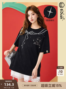 B.Duck Summer Short Sleeve T-Shirt Black Pearl Iron on Patch Butterfly Knot Casual Loose Fit Polyester Fiber Creative Print