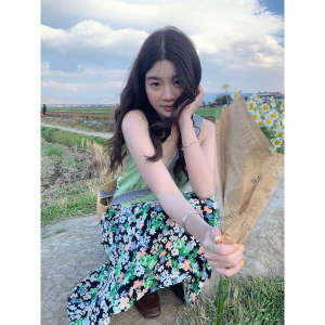 Korean Style Floral Print Halter Neck Mini Dress Womens Summer Casual Holiday A-Line Skirt Mid-Length Casual Floral Skirt