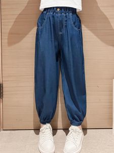 Girls Lantern Casual Pants Summer Thin Loose Mosquito Proof Silk Denim Long Trousers for Ages 8-16 Kids Fashion Childrens Clothing
