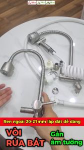 Vòi rửa chén bát gắn âm tường chia 2 cổng xả Uốn cong cần cứng inox 304 Minh House