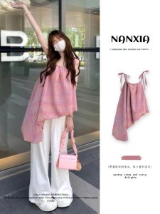 Pink Vest Womens Sleeveless Outerwear Summer Korean Style Asymmetrical Hem Strap Dress Top Breathable Comfortable Casual