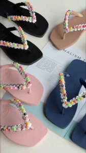 New Womens fashionable flat flip-flops solid color cute colorful round decorations high quality comfortable with waterproof material beach sandals 070523
