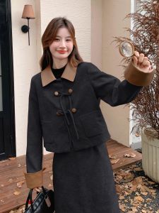Black New Chinese Style Small Fragrance Wind Woolen Skirt Set Womens Fashion Winter Gentle Short Size Two-Piece Suit