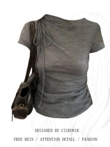 Gray Slant Shoulder Short Sleeve T-Shirt Womens Summer Slimming Stylish Belted Large Size Design Commute Style High Waist