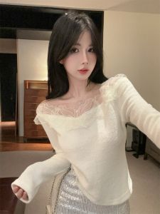 GUZILIAN | Elegant French Style One Shoulder Lace Mesh Knitted Base Shirt Womens Fashionable Unique Autumn Winter High End Feeling Top