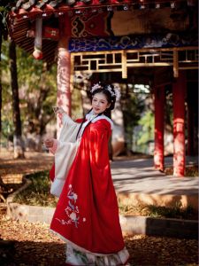 Original Five Workshop 【KunLun】 Hanfu Womens Long Fleece Lined Winter Coat Red Elegant Drapery Fashionable Traditional Chinese Clothing