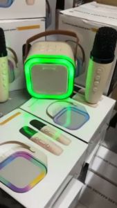 【🔥SG SELLER🔥】RICHMENTGADGET Portable Mini Bluetooth Speaker with Dual Wireless Microphone with Led Lights G Shape Mini Bluetooth Speaker Table Lamp with Wireless Charger for Girls Boys Birthday Home Party Music Party Speaker Gifts for Home Outdoor