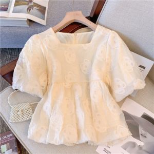 French Style Gentle Sweet Bubble Sleeve Short Dress Shrimp Pattern Chiffon Blouse Women Summer Stylish Korean Version White Shirt White Skirt