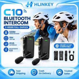 HLINKEY C10 Bluetooth 6.0 Helmet Intercom Headset 520M Range 10H Talk Time IPX5 Waterproof Wireless Bike Headphone For Cycling Motorcycle