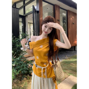 chaqi | French Sweetness Embroidered Square Collar Slim Fit Womens Top Summer Unique Beautiful Waist-Cut Flying Sleeve Versatile Shirt