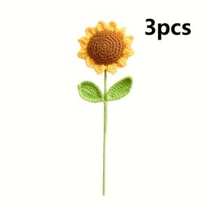 3 Pieces of Knitted Artificial Sunflower Products Hand Woven Flowers Hand Simulated Flowers Decorated with Yarn Crochet Hooks