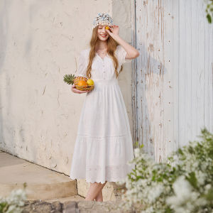 XIANGYING | V-neck Embroidered Cotton White Dress