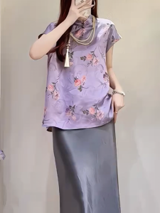 QINGNAER | Oversized Stylish Floral Print Modern Chinese Style Short Sleeve Shirt