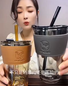 Glass Cup With Straw Water Cup Home Drinking Water Fairy Cup Advanced Light Luxury Couple With Lid Coffee Free Gift