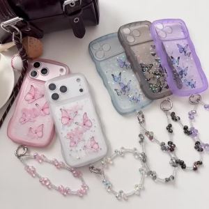 Epoxy Glitter Stars Butterfly Clear Shockproof Soft Phone Case for iPhone Air 11 12 13 14 15 16 17 Pro Max 17E Wrist Chain Cover