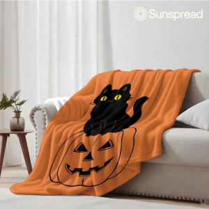 Beast Kingdom | Cat On Pumpkin Soft Warm Flannel Blanket Lightweight Cozy Christmas Halloween Home Decor Room