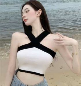 เสื้อกล้ามแฟชั่นสไตล์เกาหลีสาวฮอต คอไขว้ ตัดกันเสื้อกั๊กถักนิตติ สีตัดกันเสื้อแขนกุดผู้หญิง 👚👚👚 DDYX-J125