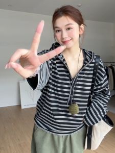 YUFUQING | Loose Long Sleeve Hoodie Womens Early Autumn New Style Casual Striped Color Block Outerwear Korean Version Commute Wind