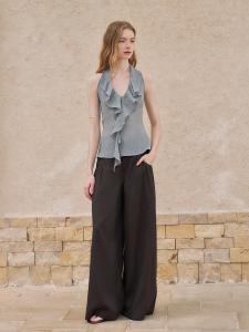 Trendy Lace-Up Backless Knitted Vest Silk Texture Bell Sleeve Neck Hanging Design Summer Thin Polyester Fiber Womens Vest