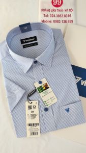 [Việt Tiến] Áo Sơ Mi Ngắn Tay - Regular Fit - Vạt Vuông - Kẻ ô xanh trên nền trắng