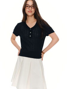 DUSHU | Custom-designed Cold Brew Intellectual Style V-neck Semi-open Collar Short Sleeve Knitwear
