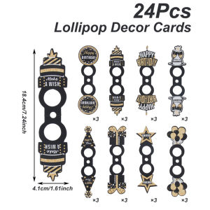 24pcs Black Gold Birthday Lollipop Paper Cards Champagne Star Gift Cake Candy Tags for Adult Men Birthday Party Favor Decor