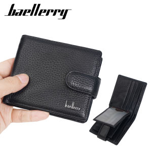 Short Mens Wallet Top Layer Cowhide Genuine Leather Zipper Hidden Button Coin Purse Multi-Function Leather Money Clip