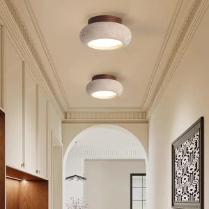 IWHD Wood Canopy LED Ceiling Light Fixture Nordic Modern Simple Ellipse Natural Yellow Travertine Ceiling Lamp Lamparas De Techo