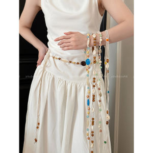 Beachy Bohemian Beaded Shell Waist Chain Womens Belt Ethnic Style Cord Woven Waistband Accessory for Skirts And Dresses