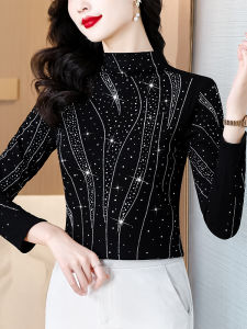 เสื้อยืดคอกลมแขนยาวทรงสลิมฟิตสำหรับผู้หญิง ผ้าฝ้ายผสมโพลีเอสเตอร์ ทรงเข้ารูป ประดับคริสตัล แฟชั่นฤดูใบไม้ร่วง