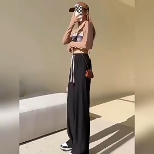 กางเกงผู้หญิง กางเกงลำลองขาตรง สีพื้น ทรงหลวม ทรงเข้ารูป มีเชือกผูก