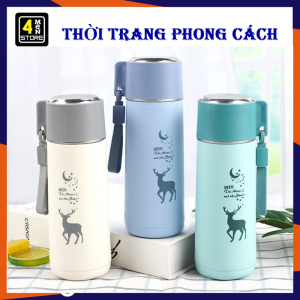 Bình Đựng Nước Lõi Thủy Tinh Hoa Tiết Hươu Sao Dễ Thương - Chai Thủy Tinh Đựng Nước Chịu Nước 450ML - Bình Nước Cho Bé Đi Học In Hinh Tuần Lộc Cute
