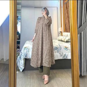 K-FASHION Tunik Set Terbaru Bahan Ceruty Premium Ful Furing Adem Busui Mewah Baju Wanita Bunga Kecil Sabrina