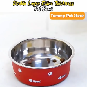 Stainless Steel Paw Fish Bone Design Pet Feeding Bowl / Kitten Cat Dog Food Water Feeder Anti Non Slip Dish Bowl 900ML