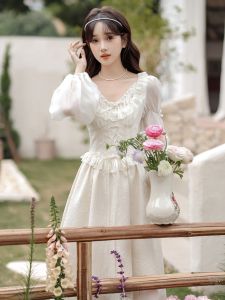 French Vintage Court 2025 New Style Heavy Fishbone Unique High-End Feeling Dress Waist Cinching Long Dress Early Autumn