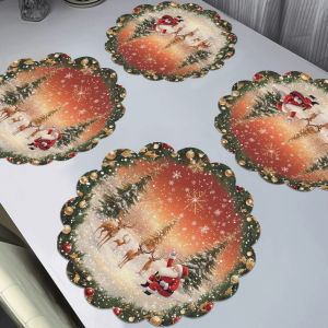 VIKAMA 4PC Santas Reindeer Placemats Snowflake Wavy Edge Round Family Gathering Christmas Table Decor and Accessories