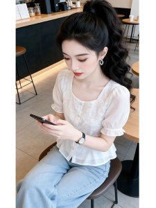 Shalldoer | French Square Collar Puff Sleeve Chiffon Summer Top for Plus Size Waist Defining Skirt Hem