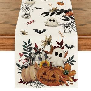 Tấm Trải Bàn Hoa Halloween VIKAMA Với Họa Tiết Ma Bí Ngô Dơi Mạng Nhện Hoa Hướng Dương Chất Liệu Vải Lanh Trang Trí Bàn Ăn Cho Nhà Cửa Trang Trại Tiệc Lễ Hội