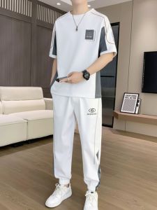 Ice Silk Mens Sportswear Set Summer Short Sleeve Long Pants Running Casual Quick Dry Trendy Teenage Polyester Spandex Blend