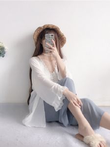 2023 New Womens Chiffon Sun Protection Shirt Medium Length Outerwear Versatile Fairy Style Long Sleeve V-Neck Korean Style