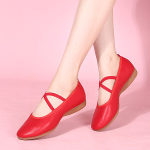 Genuine Leather Dance Shoes Womens Flat Bottom Red Mom Square Dance Shoes Soft Bottom Low Cut Ankle Strap Square Heel