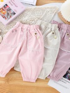 New Summer Ultra Soft Lace Trim Lantern Pants Childrens Casual Cotton Princess Style Trousers for Girls Long Thin Material