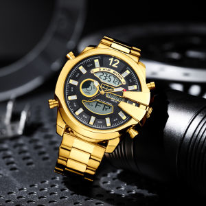 KAT-WACHMens Oversized Hybrid Watch - Dual Movement (Quartz + Digital) Stainless Steel Band Alloy Case Big Dial Chronograph Dat