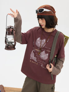 HOTHORSE Volcanic Horse Retro Striped Long Sleeve T-Shirt Fun Cat Print Loose Fit Casual Cotton Top for Women Autumn Wear