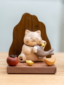 Lucky Cat Figurine Wooden Carving Entrance Decorations Cartoon Style Cashier Desk Accessories Opening Moving Gifts