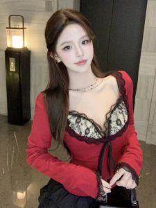 GUZILIAN | Pure Desire Spicy Girl Lace Patchwork Long Sleeve T-Shirt Womens Spring New Small Design Slimming Short Style Top