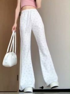 White july🌸พร้อมส่ง กางเกงขายาวผู้หญิง กางเกงขาบาน พิมพ์ลายยิ้ม กางเกงสบายๆ กางเกงผ้า ใส่แล้วดูผอม มีเชือกรูด