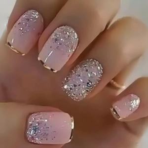Medium Square fake nails for women girls white pink nail tips with golden silver sparkling glitters frame design press on nail